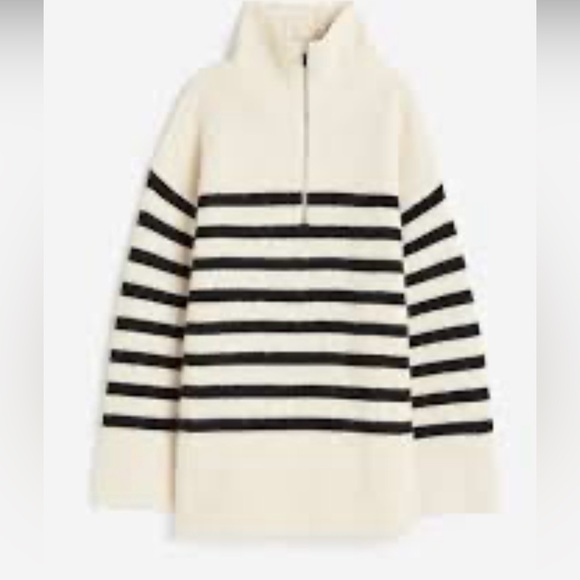 Women’s H&M Rib-knit Half-zip Sweater Cream/Black Striped Size Small - Picture 1 of 6